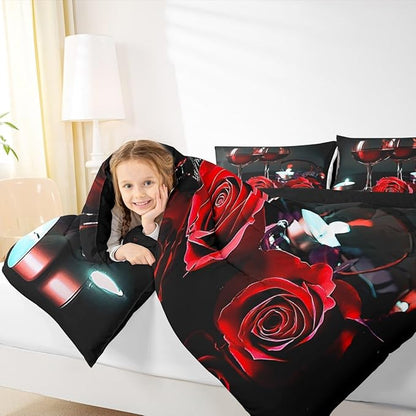Erosebridal 3D Rose Wine Glass Bedding Sets King Girls Romantic Eiffel Tower Comforter Women Floral Fruit Quilt Red Black Flower Bedding Quilted Soft Microfiber Down Comforter with 2 Pillowcases,Gray
