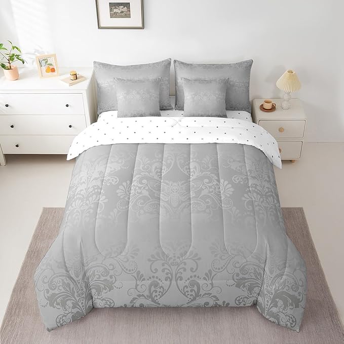 Erosebridal Gothic Damask Bed in a Bag King Size Comforter Set 7 Pieces,Exotic Moth Bedding Sets Grey Victorian Floral Goth Sheet Set with Comforter