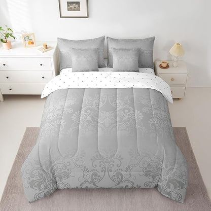 Erosebridal Gothic Damask Bed in a Bag King Size Comforter Set 7 Pieces,Exotic Moth Bedding Sets Grey Victorian Floral Goth Sheet Set with Comforter