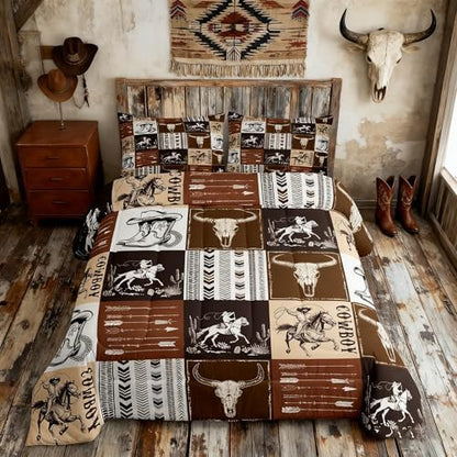 Cowboy Comforter Set Full Size,Southwestern Aztec Country Horse Bedding Set 3pcs,Rustic Ranch Retro Animal Down Comforter,Brown Patchwork Farmhouse Bed Set for Kids Boys Teens,2 Pillowcases,No Sheets