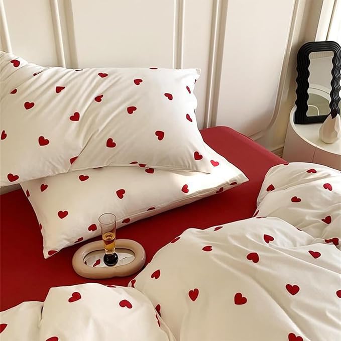 White Comforter Set Full Size - Red Heart Quilt Bedding Set 3 Pieces, Comforter Set Full, Soft & Lightweight Comforter(79‘’ x 90‘’) for Girl All Season & 2 Pillowcases(30‘’x20‘’)