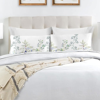 YIYEA Pillow Cases Queen Size Set of 4, Ultra Soft 1800TC Hotel Quality Double Brushed Microfiber Embroidered Pillowcases and Floral Pillow Covers, Envelope Closure, Fade Resistant (20"x30")