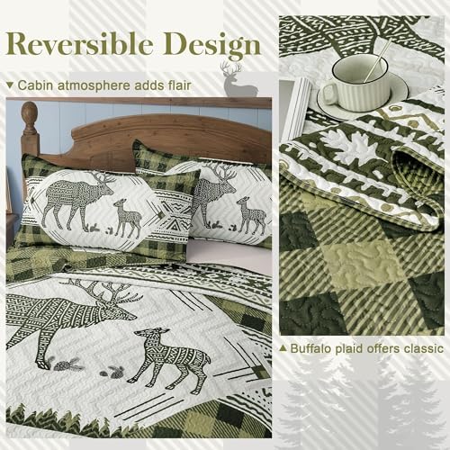 3 Piece Cabin King Size Quilt Sets Farmhouse Rustic Reversible Microfiber Soft Lightweight Bedspread Comforter with 2 Shams Patchwork Country Lodge Bedding Quilts Set for All Season, 106''x96'', Green