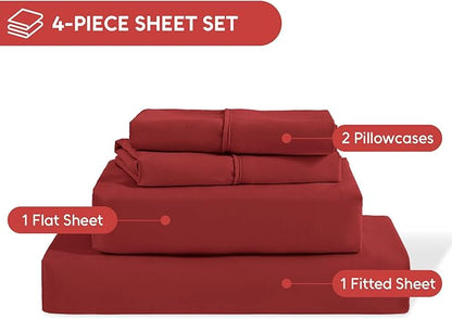 King Size Sheets Set, 4 Pieces Hotel Luxury Soft Microfiber Bed Sheets Set, Up to 16" Deep Pockets, Oeko-Tex Sheets with Elastic, Breathable, Wrinkle Free (Wine Red, King)