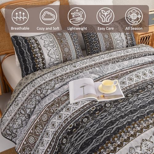 WONGS BEDDING Boho Quilt Queen Size,3 Pcs Bedspread Set, Brown