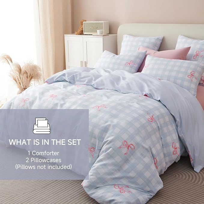 Comforter Set Queen Size - 3 Pieces Blue Pink Bows Comforter Set Gingham Checkered Bedding Sets,Queen Bed in a Bag Plaid Comforter and 2 Pillowcase,Back to School Comforter
