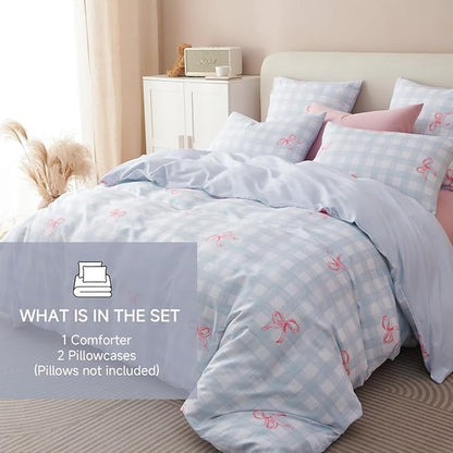Comforter Set Queen Size - 3 Pieces Blue Pink Bows Comforter Set Gingham Checkered Bedding Sets,Queen Bed in a Bag Plaid Comforter and 2 Pillowcase,Back to School Comforter