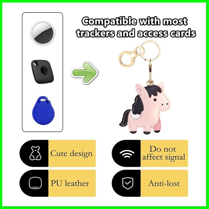 Leather Keychain Holder Case Compatible with AirTag,Cute Protective Cover with Keyring,Anti-Scratch Finder GPS Tracker Case for Wallet Keys,bag,pets,Backpack(Pink Horse)