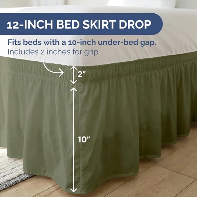 Wrap Around Dust Ruffle Bed Skirt - Sage Green - for Full Size Beds with 12 Inch Drop - Elastic Strap - Adjustable Pleated Bedskirt with Brushed Fabric and Wrinkle Free - for Women, Men, Kids & Teens