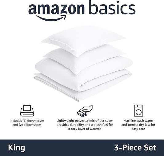 Amazon Basics Lightweight Microfiber 3 Piece Duvet Cover Set with Zipper Closure, King, Bright White