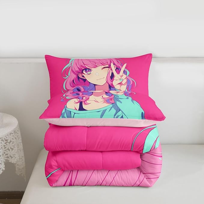 Erosebridal Japanese Anime Bedding 3D Anime Girl Comforter Set, Kawaii Japanese Style Bedding Comforter Sets Cartoon Uniform Girl Duvet Insert for Girls Hot Pink Room Decor, Queen