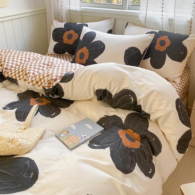 CLOTHKNOW Black Sunflower Twin/Twin XL Comforter Set Floral Bedding Comforter Sets Brown Plaid Comforter Boho Comforter with 2 x Pillow Cases
