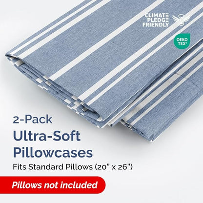 Standard Pillow Cases Set of 2 - Ultra-Soft Hotel Quality Pillowcase Covers - Comfy & Wrinkle Free - Stain and Fade Resistant - Machine Washable Pillow Protectors - 2 Piece Set - Blue Stripes 3