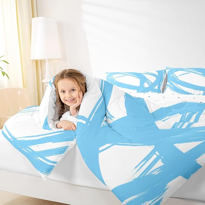Blue and White Striped Bedding Set Full Size for Adults Youth Teens,Contemporary Boho Modern Art Comforter Set,Graffiti Stripes Lines Quilt,Aesthetic Geometric Duvet Insert for Minimalists
