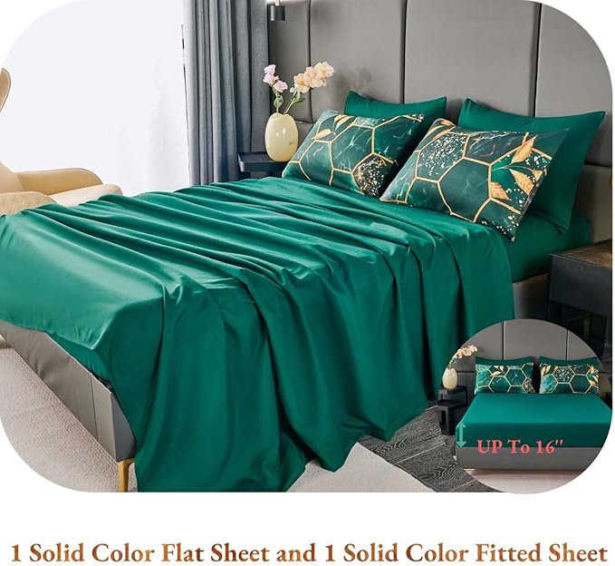 ANGIYUIN 7 Pieces Emerald Green Gold Comforter Set California King Size, Marble Watercolor Bed in A Bag for Women Men, Geometric Hexagon Gold Leaves Bedding Sets for All Season