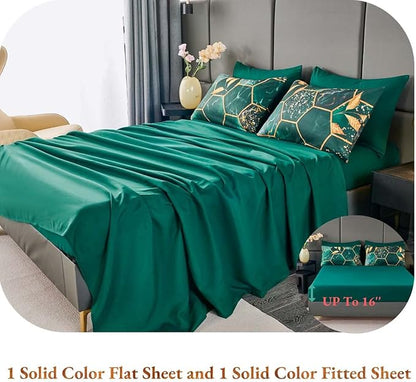 ANGIYUIN 7 Pieces Emerald Green Gold Comforter Set California King Size, Marble Watercolor Bed in A Bag for Women Men, Geometric Hexagon Gold Leaves Bedding Sets for All Season