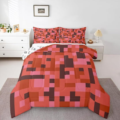 Pixelated Miners Game Kids Bedding Set King Size,Camo Geometric Check Comforter Set，Reversible Gamepad Video Games Quilt Comforter,Red Brown Bedroom Duvet Insert,2 Pillowcases