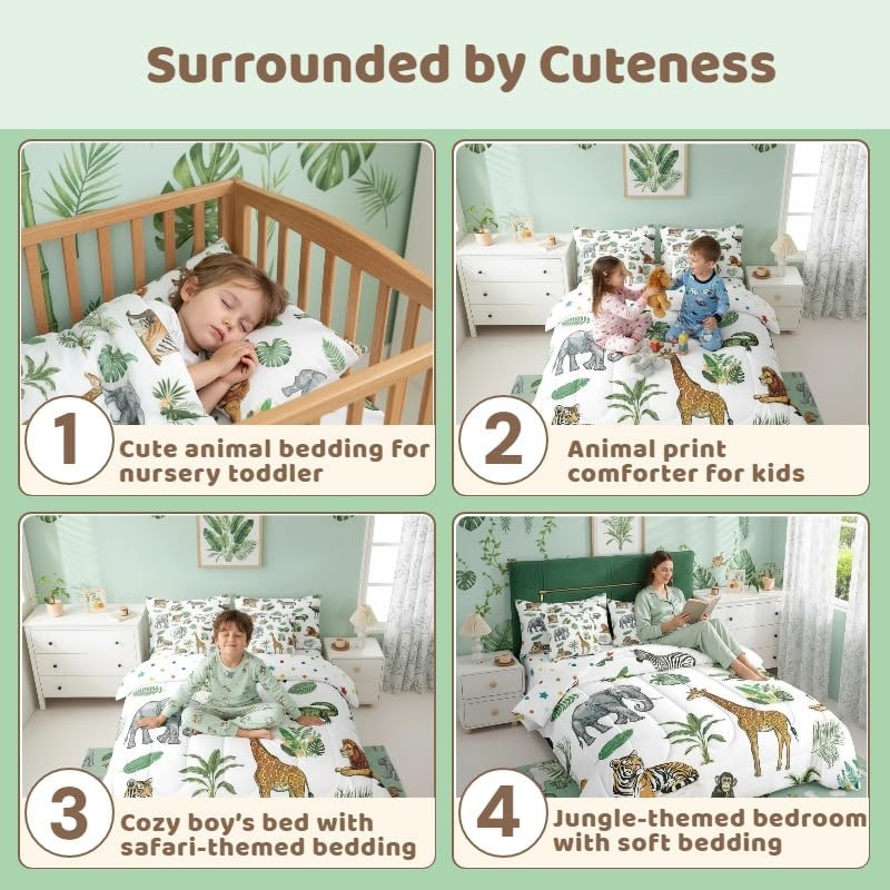 Erosebridal Wild Animal Kids Comforter Set Full 7 Piece Cartoon Elephant Giraffe Bed in A Bag Safari Animals Bedding Sets for Kids Crocodile Tiger Zebra Palm Tree Tropical Sheet Set with Comforter