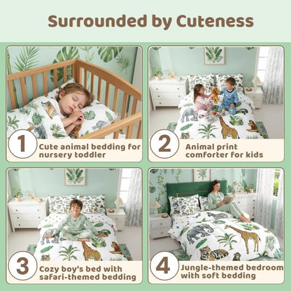 Erosebridal Wild Animal Kids Comforter Set Full 7 Piece Cartoon Elephant Giraffe Bed in A Bag Safari Animals Bedding Sets for Kids Crocodile Tiger Zebra Palm Tree Tropical Sheet Set with Comforter