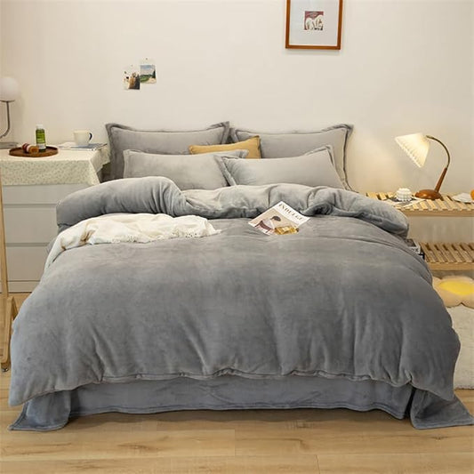 Houseri Grey Velvet Comforter Set Twin Fluffy Flannel Furry Bedding Sets Kids Fuzzy Comforter Plain Grey Sherpa Bedding Comforters Sets Twin