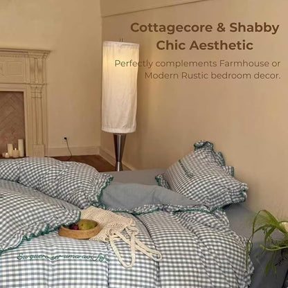 CRUSHIMO Morning Mist Gingham Washed Cotton Duvet Cover Set - Shabby Chic Gingham Plaid Bedding with Ruffle Trim & Triangle Stitching - Ultra Soft Breathable Comforter Cover (Sea Salt Blue, Twin)