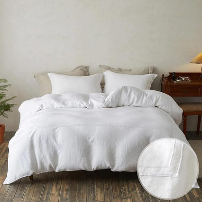 Simple&Opulence 100% Washed Linen Duvet Cover Set 78"x86" - 3 Pieces Soft Farmhouse Comforter Cover Set Double Embroidered with Button Closure - 1 Duvet Cover and 2 Pillowshams (White, Full)