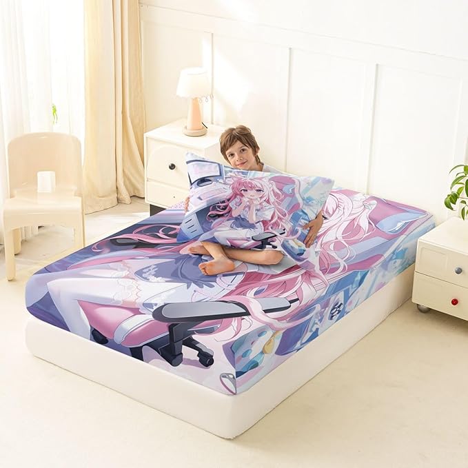 Erosebridal Kawaii Japanese Girl Fitted Sheet for Boys Girls Kids Cartoon Anime Twin Bed Sheets,Girls Gamer Sheets 3D Japanese Style Bedding Sets, No Top Sheet
