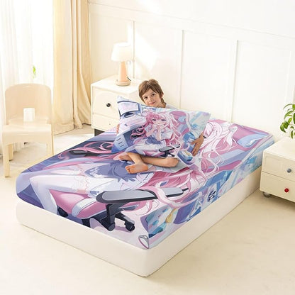 Erosebridal Kawaii Japanese Girl Fitted Sheet for Boys Girls Kids Cartoon Anime Twin Bed Sheets,Girls Gamer Sheets 3D Japanese Style Bedding Sets, No Top Sheet