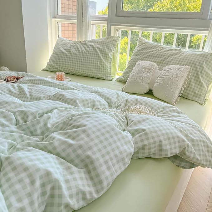 Nayoroom Green Gingham Duvet Cover Full Size Plaid Dorm Bedding Set 3 Pieces Grid Checkered Duvet Cover with 2 Pillowcases, Soft Breathable Washed Microfiber