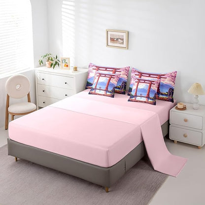jejeloiu Pink Japan Bedding Set 7Pcs King Size Kids Anime Mount Fuji Comforter Set with Sheets for Boys Girls Pixel Bed in a Bag Soft Lightweight,Microfiber