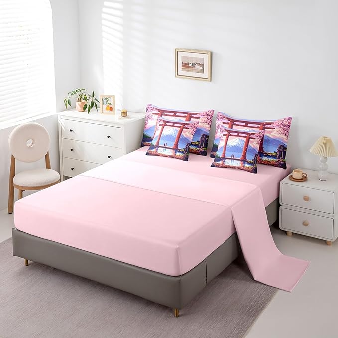 jejeloiu Pink Japan Bedding Set 7Pcs Twin Size Kids Anime Mount Fuji Comforter Set with Sheets for Boys Girls Pixel Bed in a Bag Soft Lightweight,Microfiber