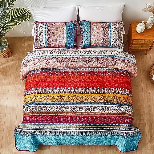 WONGS BEDDING Boho Quilt Queen Size,3 Pcs Bedspread Set, Red