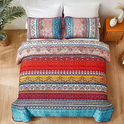 WONGS BEDDING Boho Quilt Queen Size,3 Pcs Bedspread Set, Red
