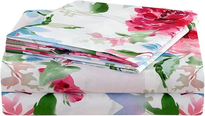 JSD Watercolor Rose Floral Sheet Set Cal King, 4 Piece Soft Printed Microfiber Sheets Extra Deep Pocket
