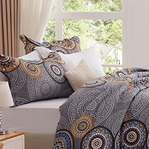 3 Pieces Full/Queen Size Quilt Set Lightweight Summer Bedspread 90''x98'' Soft Microfiber Floral Coverlet Luxurious Warm Bed Cover for All Seasons Vintage Gray Bedding Set (1 Quilt, 2 Pillow Shams)