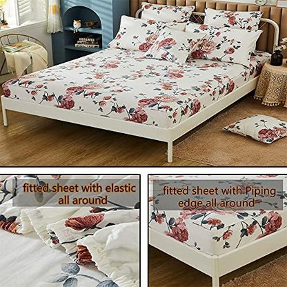 FADFAY Sheets Set Twin Shabby Beige Floral Bedding Elegant Peony Sheets Set Vintage Flower Bedding Collections Soft 100% Egyptian Cotton 800 Thread Count Deep Pocket Fitted Sheet, 4Pcs-Twin Size