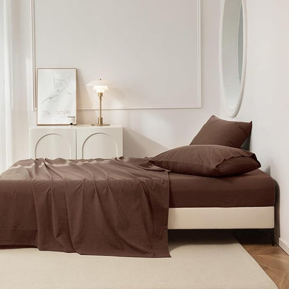 JIYUAN Twin Size Sheet Set, 3-Piece - 100% Washed Cotton, Linen-Like Soft & Breathable, Includes Deep Pocket Fitted & Flat Sheet with 1 Pillowcases, Hotel Quality, Solid Chocolate Brown