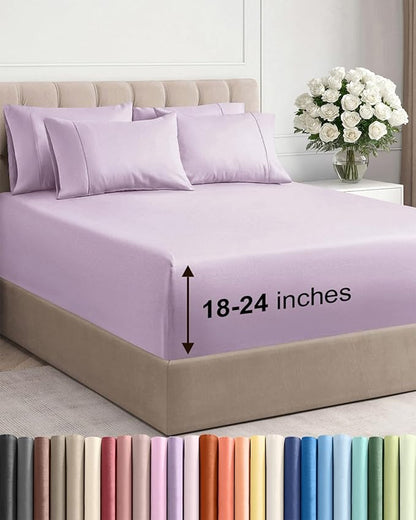 Extra Deep Cal King Sheet Set - 6 Piece Breathable and Cooling Sheets - Hotel Luxury Bedding for Women, Men, Kids & Teens - Easy Secure Fit - Soft & Wrinkle Free - Extra Deep Pockets - Light Lavender