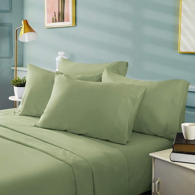 BYSURE 6 Pieces Bed Sheets Set(Full, Sage Green) - Hotel Luxury Super Soft 1800 Thread Count 100% Microfiber Sheets with Deep Pockets, Wrinkle & Fade Resistant