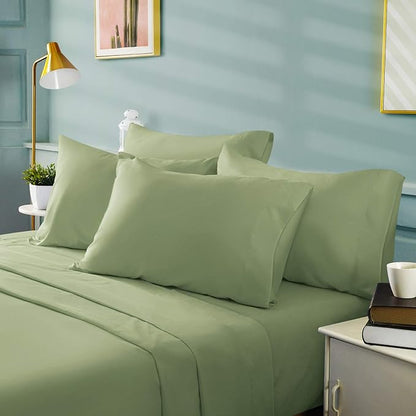 BYSURE 6 Pieces Bed Sheets Set(Full, Sage Green) - Hotel Luxury Super Soft 1800 Thread Count 100% Microfiber Sheets with Deep Pockets, Wrinkle & Fade Resistant