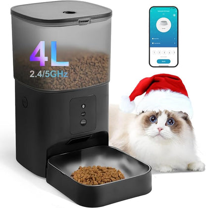 2.4G/5G Automatic Cat Feeder, 4L WiFi Food Dispenser with 10s Voice Recorder, Pet Feeder up to 10 Meals per Day, Timed Cat Feeder with Dry Food Sealed Ring