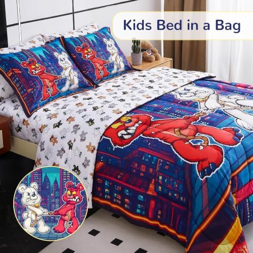 Viviland Twin Bedding Set for Boys 5 Piece Bed in a Bag with Comforter, Sheets, Pillowcases Soft Microfiber Kids Comforter Set, Oeko Certified, Machine Washable, Retro Arcade Game Theme