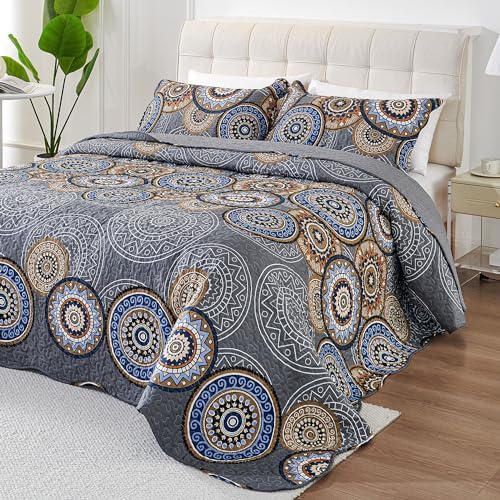 3 Pieces King Size Quilt Set Lightweight Summer Bedspread 98''x106'' Soft Microfiber Floral Coverlet Luxurious Warm Bed Cover for All Seasons Vintage Gray Bedding Set (1 Quilt, 2 Pillow Shams)