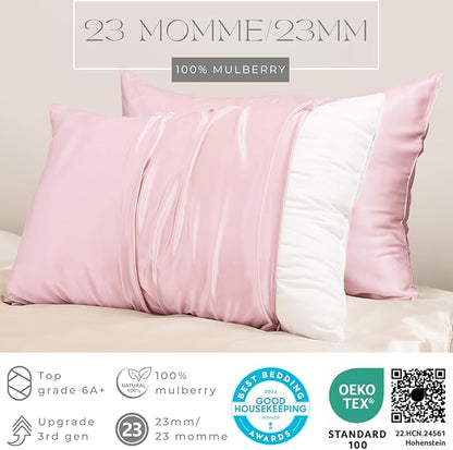 PROMEED 23 Momme Silk Pillowcase 2 Pack, Both Sides 100% 23 Momme Mulberry Silk Pillow Case Set of 2, Hidden Zipper Closure for Easy Set (Queen 20"x30", Pink)