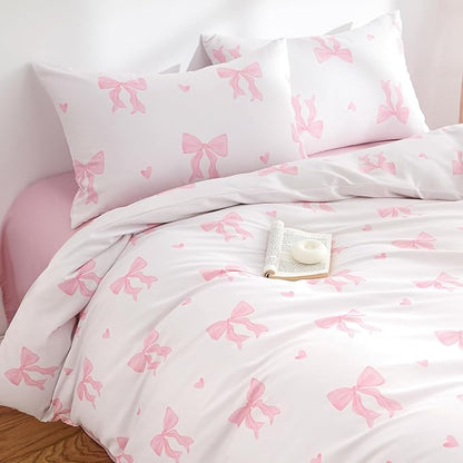 Nayoroom Pink Bow Duvet Cover Queen Size Heart Duvet Cover Coquette Bedding Set 3 Pieces Girls Cute Dorm Bedding Set with Pillowcases Soft Lightweight Microfiber