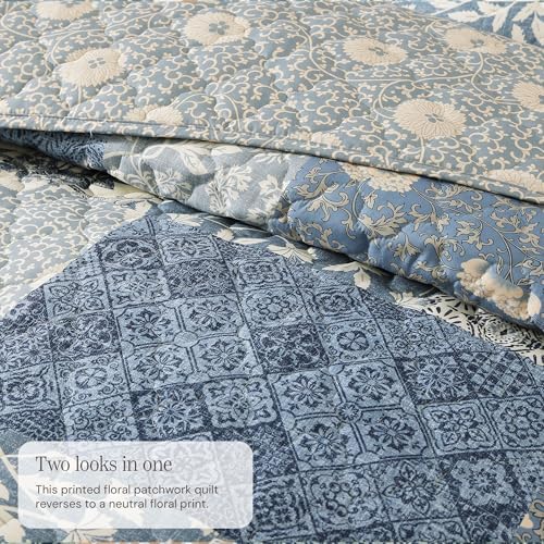 King Quilt Set-3 Pieces Soft Bedding Lightweight Floral Patchwork Coverlet