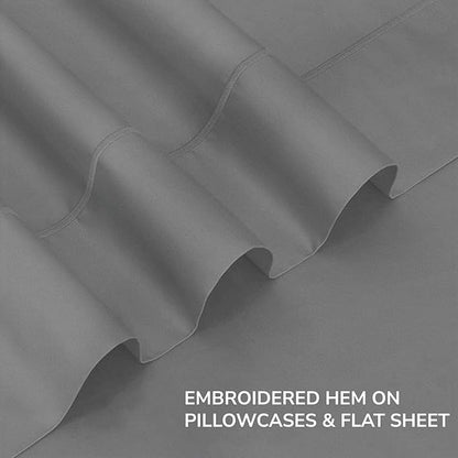 Feather & Stitch 500 TC Queen Size 4pc Damask Bed Sheet Set, 100% Soft Cotton Breathable Bedsheets, 18" Deep Pockets Sateen Weave Striped Bedding Mattress Resort Hotel Luxury Decor - (Charcoal Slate)