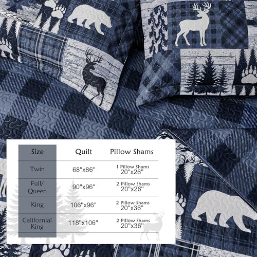 3 Piece Cabin California King Size Quilt Sets Farmhouse Rustic Reversible Microfiber Soft Lightweight Bedspread Comforter with 2 Shams Patchwork Country Lodge Bedding for All Season, 118''x106'', Blue