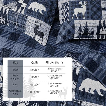 3 Piece Cabin California King Size Quilt Sets Farmhouse Rustic Reversible Microfiber Soft Lightweight Bedspread Comforter with 2 Shams Patchwork Country Lodge Bedding for All Season, 118''x106'', Blue