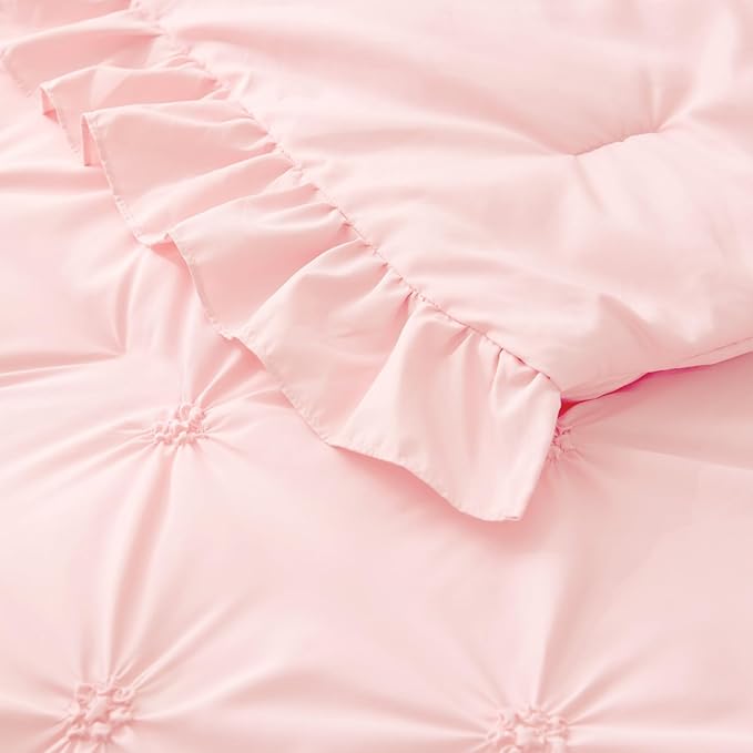 BEDELITE Baby Pink King Size Comforter Set - 3 Pieces Boho Ruffle Pintuck Bedding Comforter Sets, Lightweight Soft & Warm King Bedding Set with 2 Pillowcases for All Season